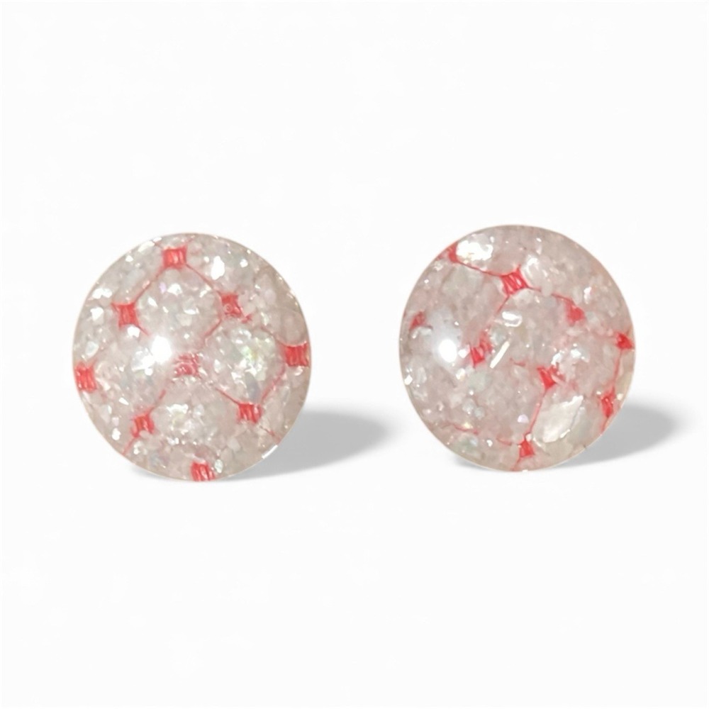Vintage Clip On Earrings White Red Lucite Confetti Flakes Round Dome Holiday